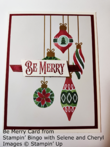 Card featuring 4 hanging Christmas ornaments and the sentiment Be Merry