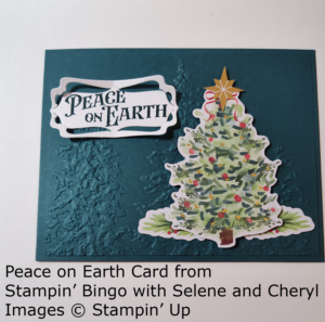 Card with a decorated Christmas tree and the sentiment Peace on Earth