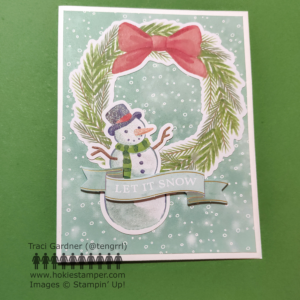 Holiday card with a wreath and snowman and the sentiment Let it snow.