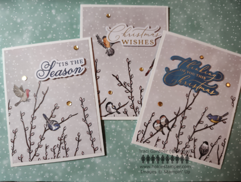 Three cards, featuring birds on a snowy background