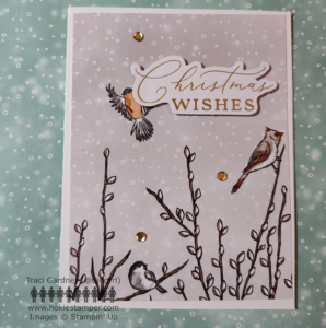 Two birds on a snowy background with the sentiment, Christmas wishes